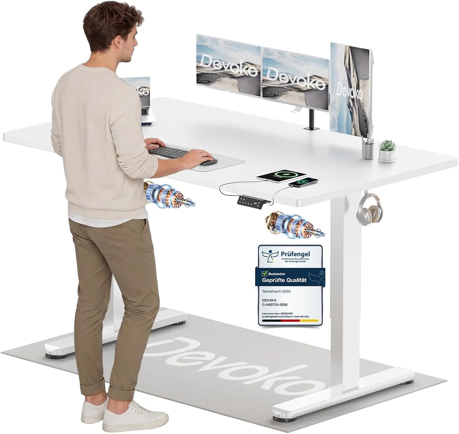 In hoogte verstelbaar bureau met USB-A-oplaadaansluiting, eendelig tafelblad, mobiele elektrische computertafel met kabelbeheer, 140 x 70 cm, vintage bruin - perfecte ergonomie voor je kantoor(Wit/157 x 77 cm)