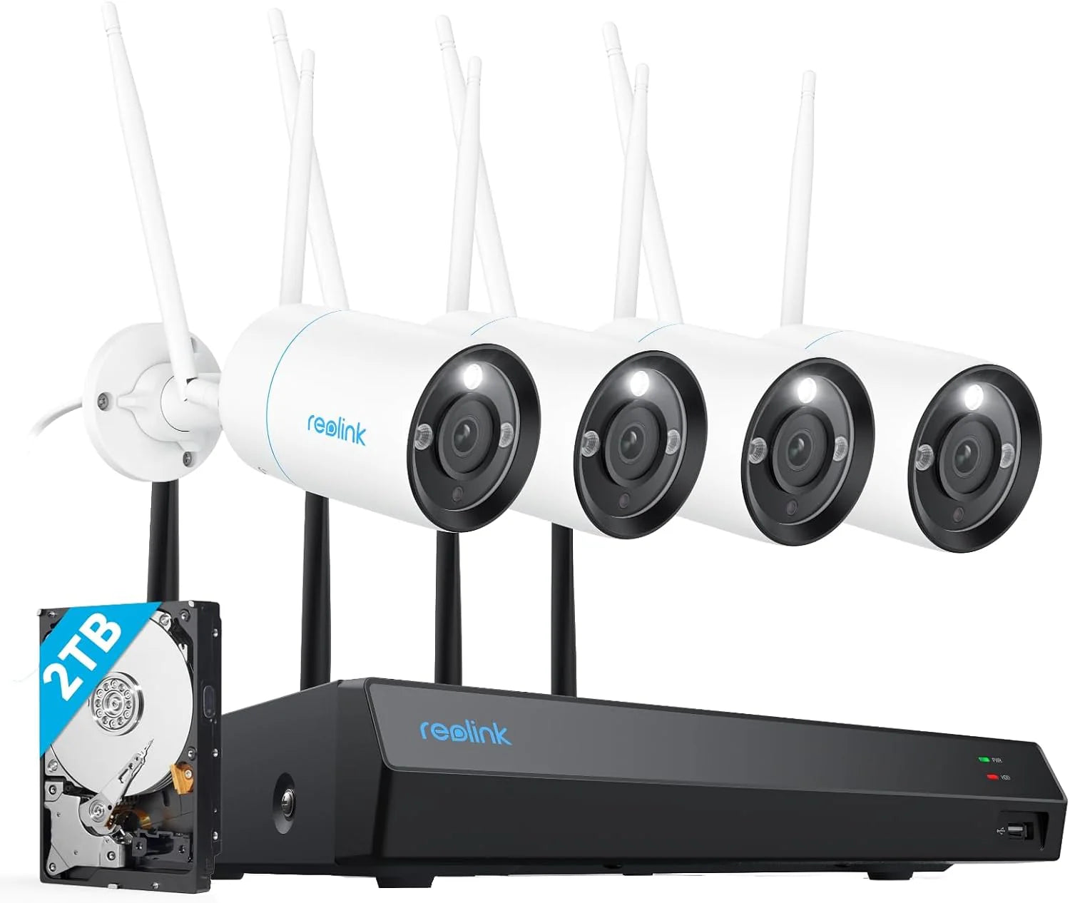 Reolink 4K Beveiligingscamera Systeem Wi-Fi 6, 4x Camera's Buiten Bekabelde 2,4/5 GHz, Persoon/Voertuig/Dier Detectie, Kleuren Nachtzicht, 2-weg Audio, 12CH WiFi NVR met 2TB HDD, RLK12-800WB4