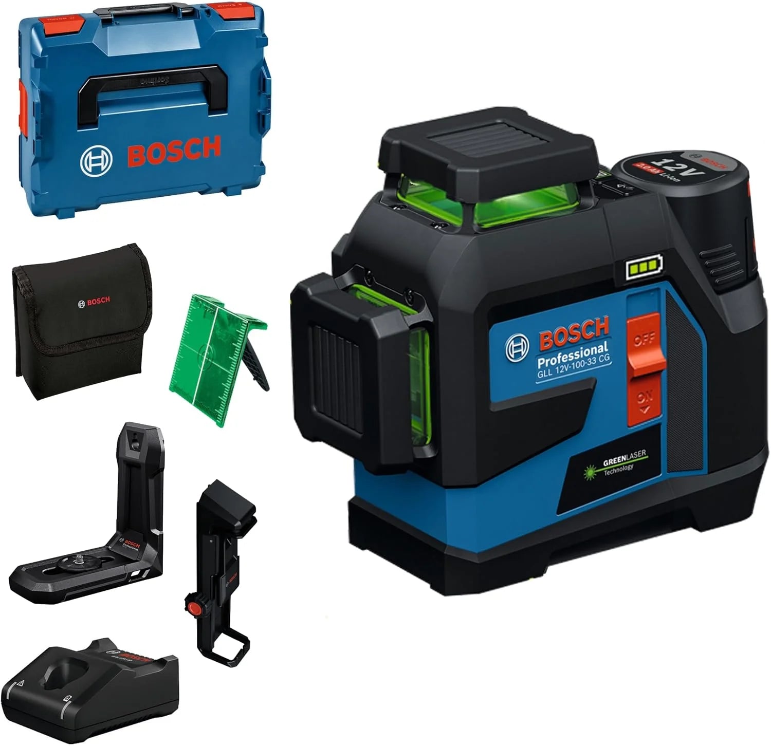 Bosch Professional lijnlaser GLL 12V-100-33 CG (3 x 360° groene laser, werkbereik 100 m (radius) met ontvanger, IP 65, Levelling Remote-app, LB 10, DK 20, GBA 12V 2.0Ah, GAL 12V-40, etui, L-BOXX)
