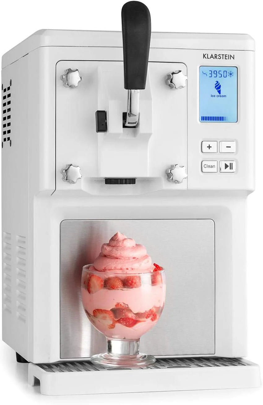 Klarstein Sweet Sundae - IJsmachine, 1,5 liter, met zelfkoelende compressor, 200 watt, uitvoersysteem, 3 uur auto-koelhoudfunctie, automatische reiniging, roestvrij staal, wit