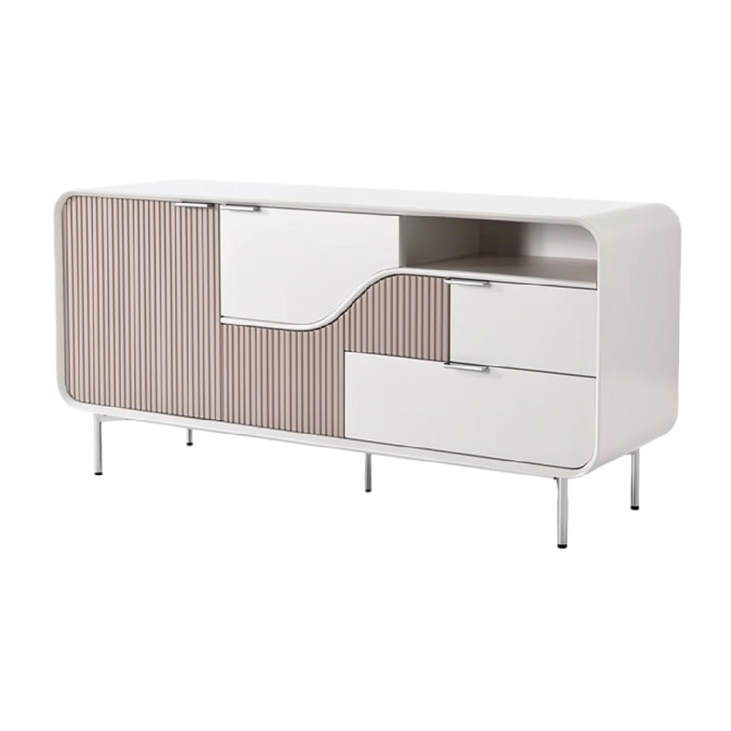 "Moderne Wit en Beige Dressoir met Strakke Lijnen en Opslagruimte"