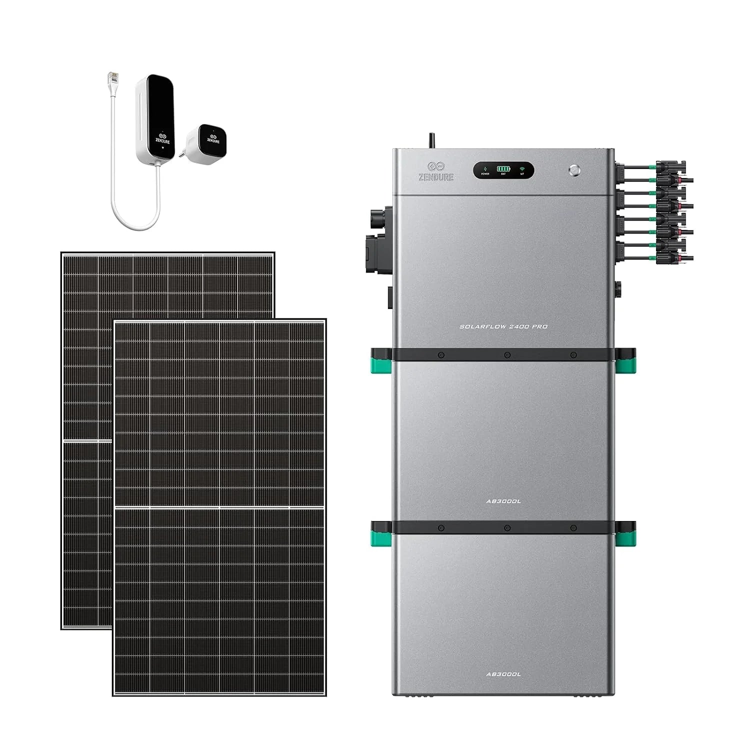 Zendure SF2400 Pro Zonne-energie Thuisbatterij 2400W AC, 4800W PV-ingang (3000W DC + 1800W AC), Uitbreidbaar met 16,8kWh, met 1 AB3000L, 1 P1 Elektriciteitsmeter en 4 500W Bifaciale Panelen(SF2400 Pro+P1+2*AB3000L+2*500W)