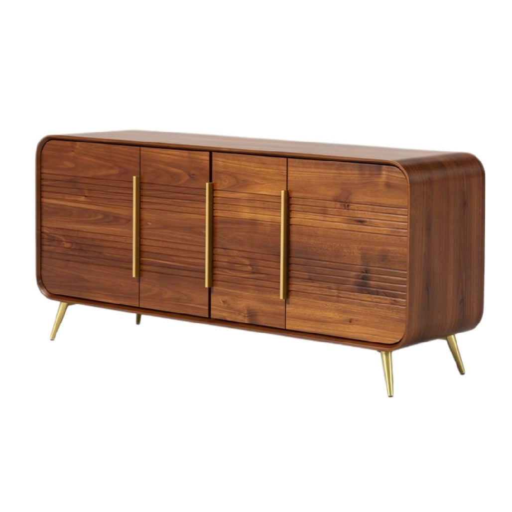 Moderne houten dressoir met gouden handvaten en afgeronde hoeken