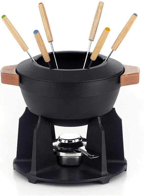 Le Creuset 600200009 Fondueset, geëmailleerd gietijzer, met verstelbare brander en 6 vorkjes, voor kaas/chocolade/vlees, 1,6 liter, Volcanic(De Luxe/Mat Zwart)