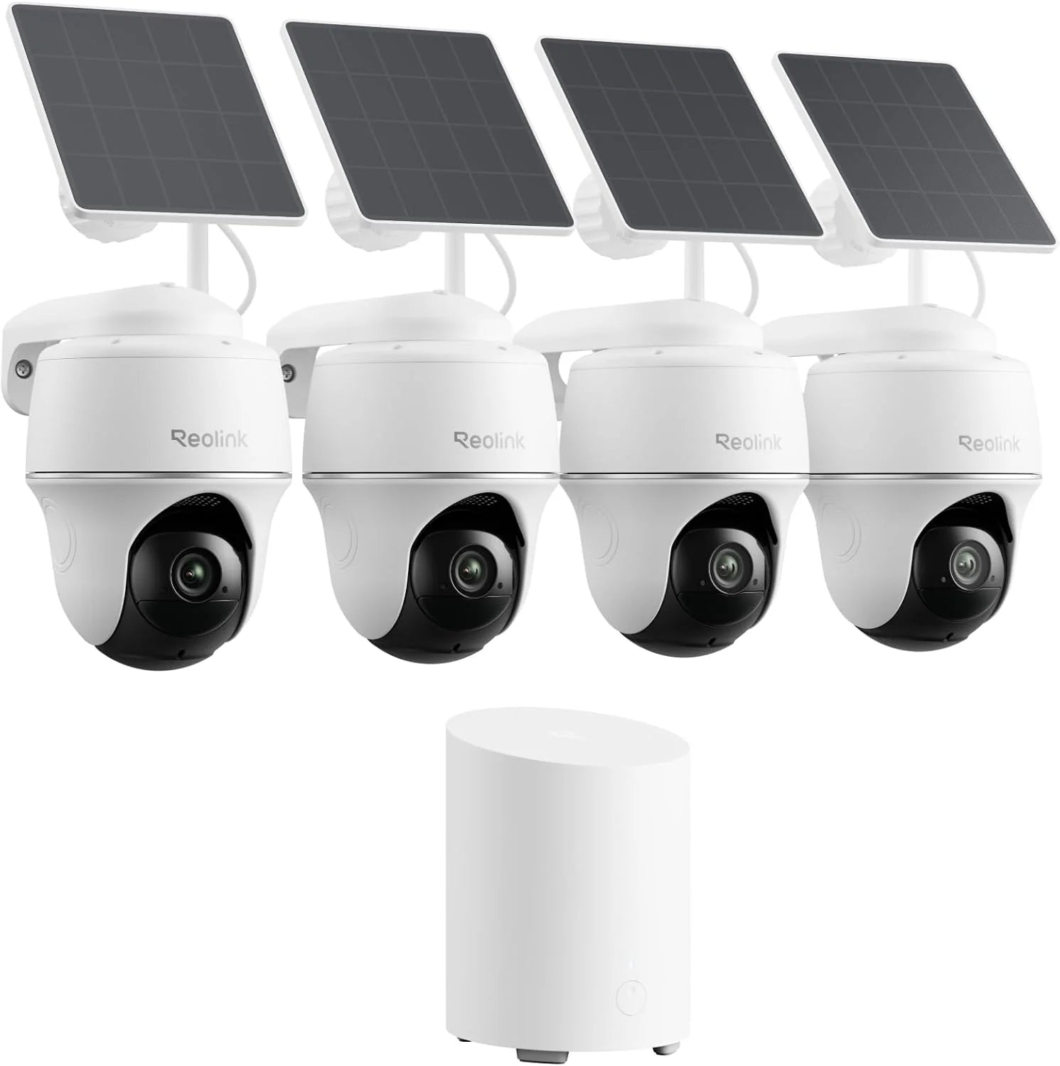 Reolink 2K Bewakingscamera Buiten Set Wifi met Zonne-energie/Accu, 360° Draaibaar, AI-Detectie, Centraal Beheer  Lokale Opslag, Geen Maandelijkse Bijdrage, Home Hub Mini+ 4x Argus PT Lite+Zonnepaneel