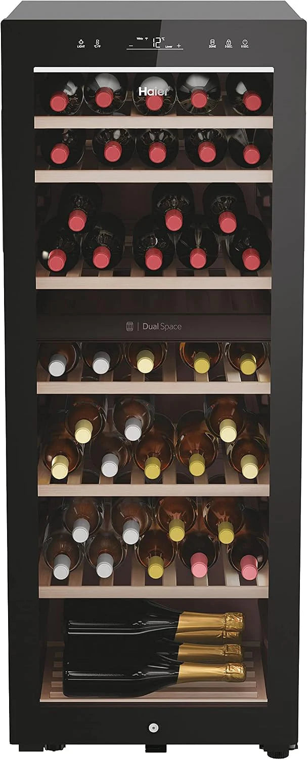 Haier HWS42GDAU1 Serie 7 Wijnkoeler, 42 flessen, wifi-connectiviteit, ledlampen en anti-uv-glas, houten planken, 49,7 x 58,5 x 82 cm, zwart(77 bottiglie)