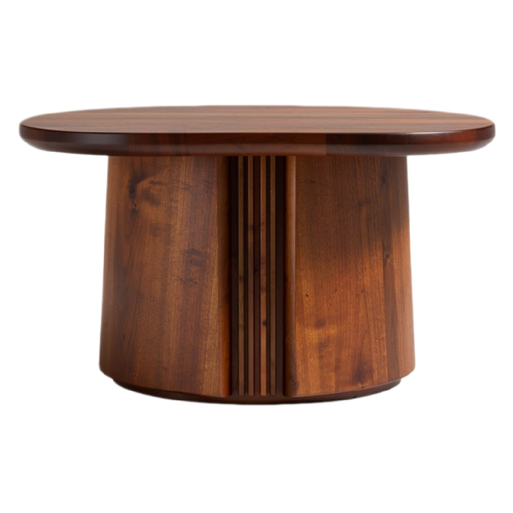 **Moderne Houten Salontafel met Ronde Vorm en Gestructureerde Basis**