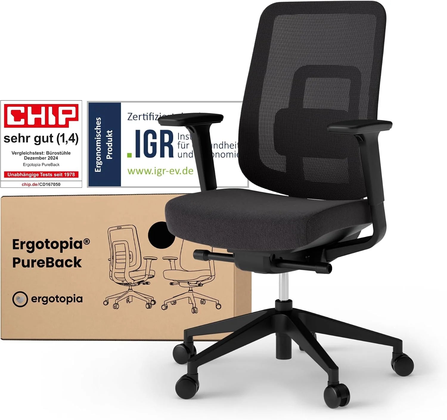 Ergotopia PureBack Ergonomische bureaustoel, ergonomisch met 4D-armleuningen en synchroonmechanisme, voor thuiskantoor, kantoor en gaming, comfortabele draaistoel voor gezond zitten
