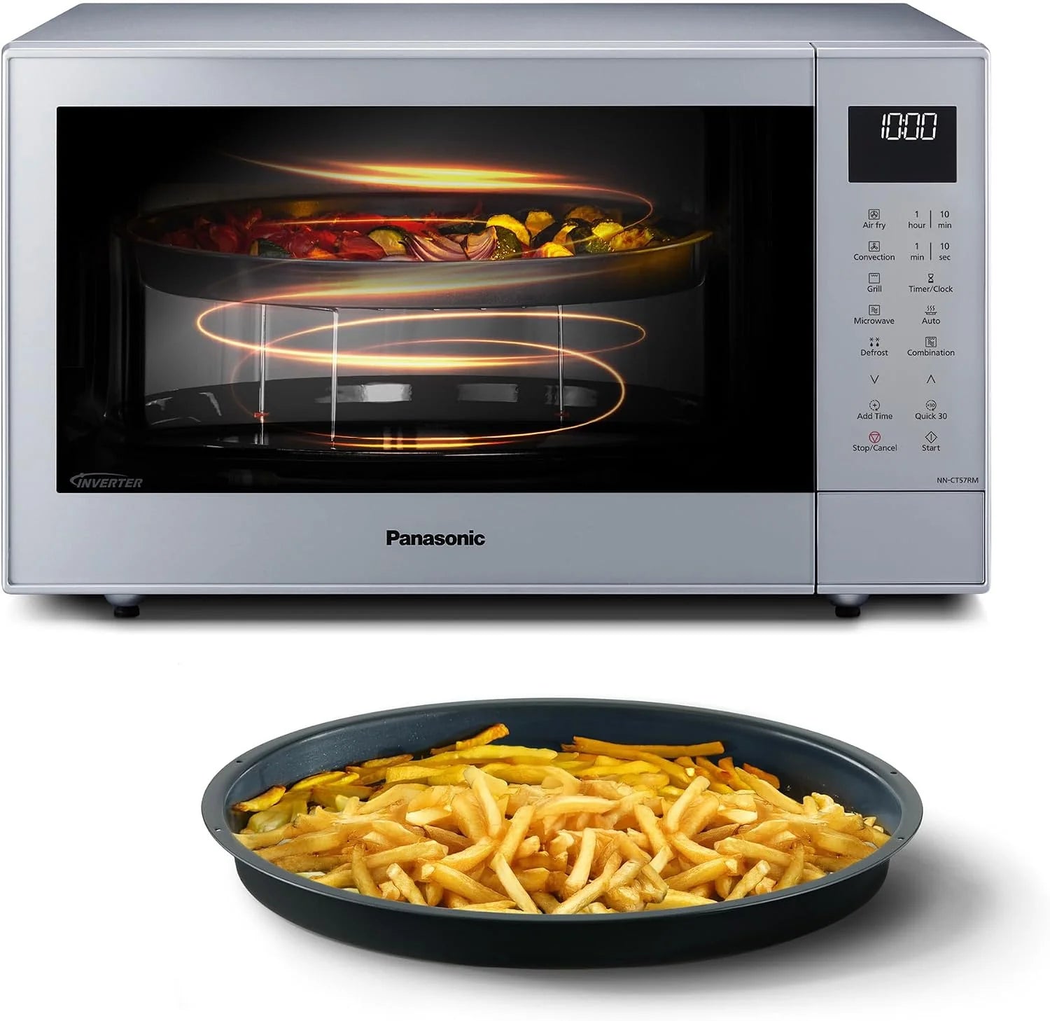 Panasonic NN-CT57RMEPG 27L 4-in-1 Combimagnetron Inverter met Airfryer, 1000W, 19 Automatische Programma's, Convectie Grill Koken, Ruimtebesparend Slank Ontwerp, Zilver