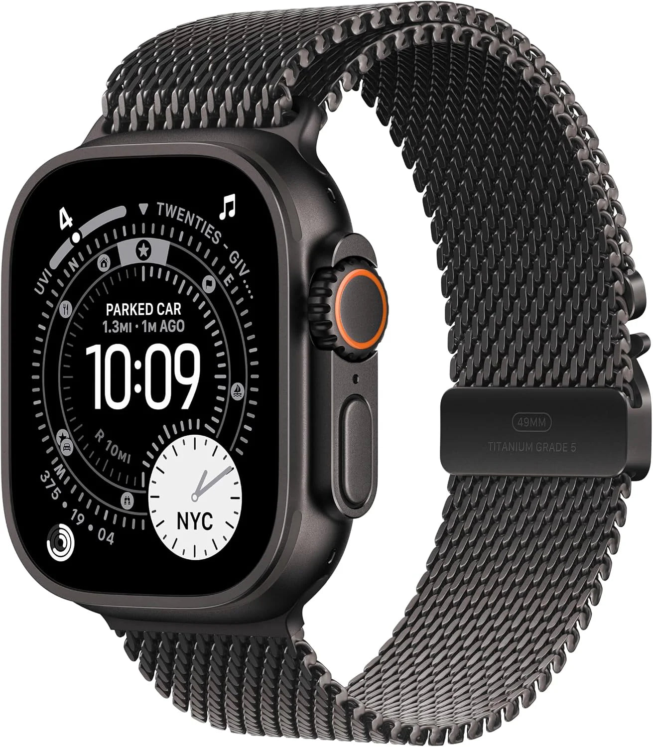 Apple Watch Ultra 3 GPS + Cellular 49 mm Premium hardloop- en multisport-smartwatch met robuuste kast van naturel titanium, Milanees bandje van naturel titanium (M)(Milanees bandje/M- Geschikt voor een pols van 155-185 mm/Zwart)