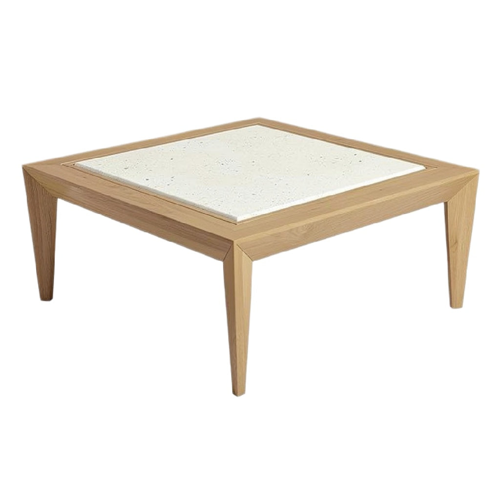 Moderne vierkante salontafel van hout en terrazzo met elegante poten