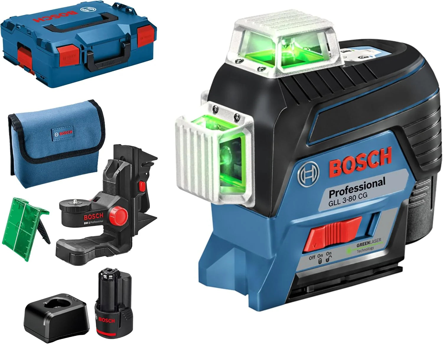 Bosch Professional 12V System lijnlaser GLL 3-80 CG (2× 12V accu, oplader, groene laser, app-functie, universele houder, werkbereik tot 30 m, in L-BOXX) – Amazon Exclusive Set('+ 12V Batterij (Amazon Exclusive))