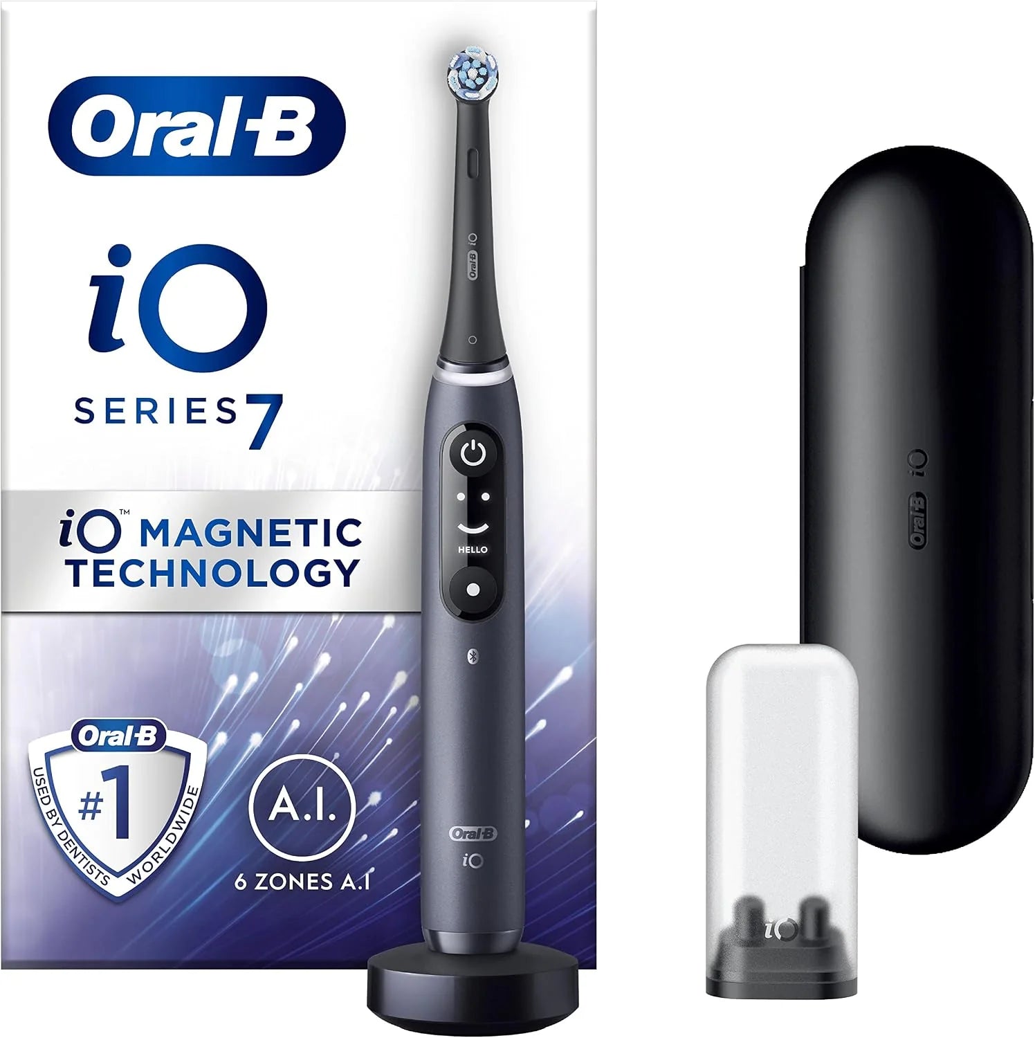 Oral-B iO7 elektrische tandenborstel met revolutionaire magnetische technologie, geschenken voor dames en heren, app-aangesloten handvat, 1 tandenborstelkop en reiskoffer, 5 modi met tanden bleken, zwart