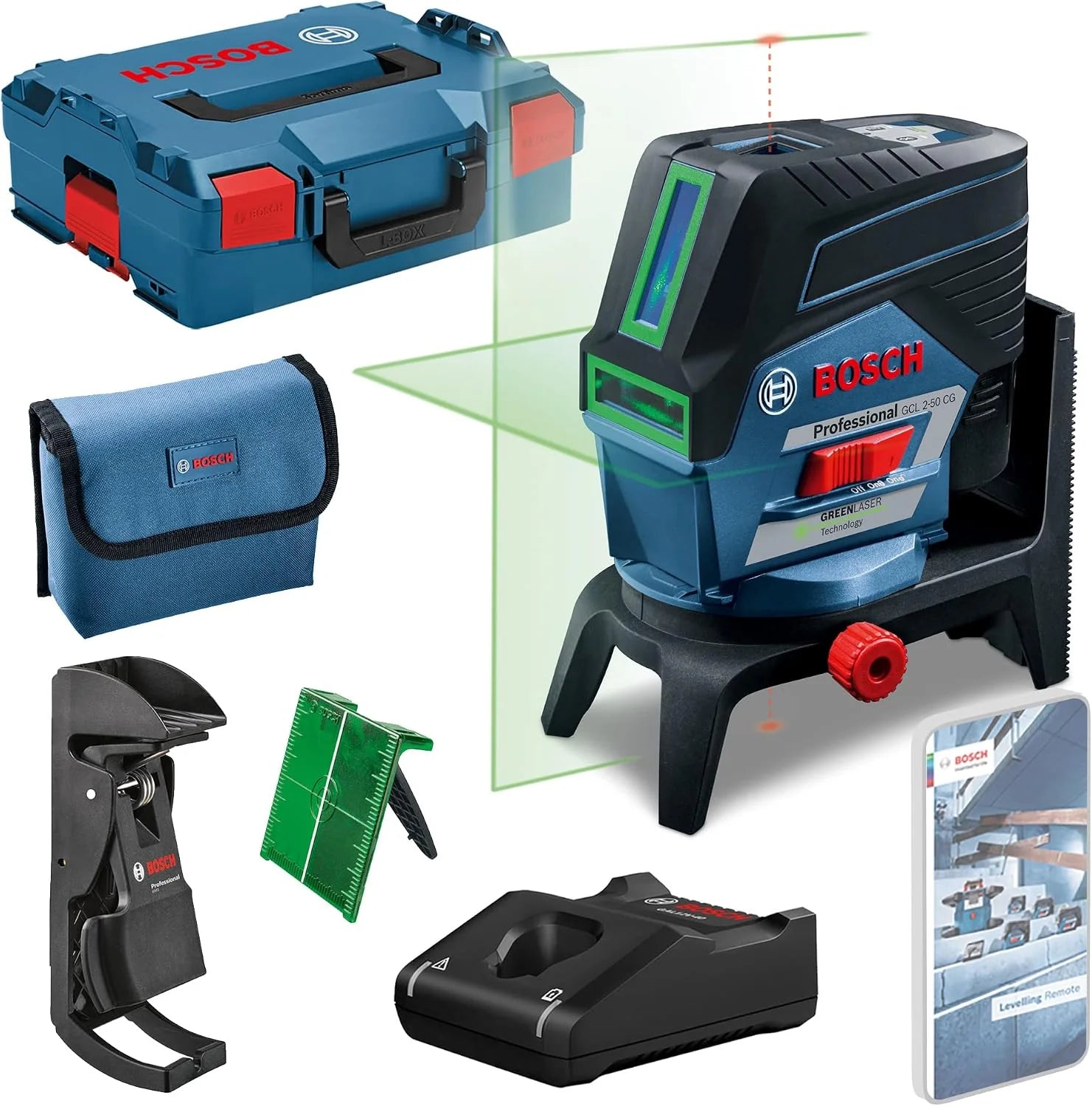 Bosch Professional 12V System Combilaser GCL 2-50 CG (zonder accu en oplader, groene laser, met appfunctie, houder, zichtbaar werkbereik: max. 20 m, in L-BOXX)(met accu)