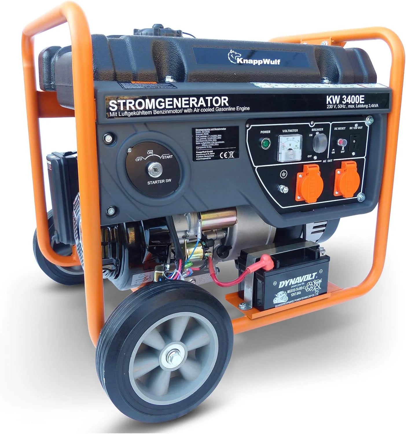 KnappWulf Generator Stroomgenerator KW3400E Stroomaggregaat Noodstroomaggregaat 3000W met elektrische starter incl. batterij 2x230V, 1x12V, oliegebrekbeveiliging AVR Industriële kunststoftank 15L