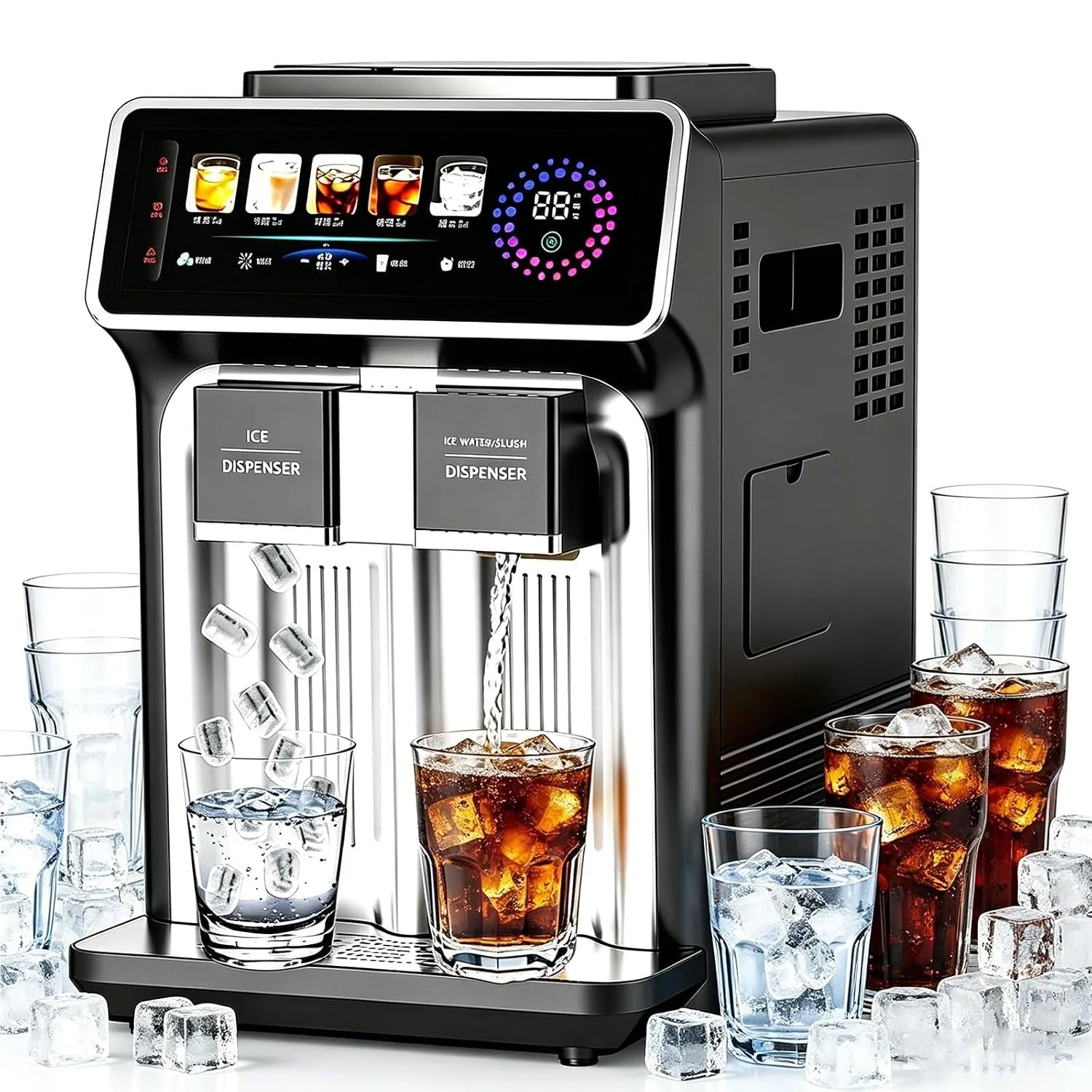 Slimme ijsblokjesmachine met touchscreen, 3-in-1 ijs-, slush- en koudwatermachine, 15 kg ijs per dag, slush in 30 seconden en koud water in 3 seconden voor feesten, keukens