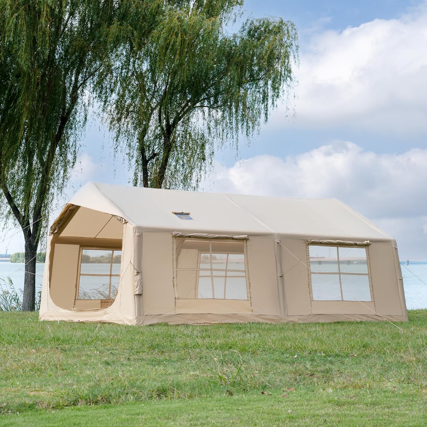 Opblaasbare campingtent met handpomp, eenvoudige montage, waterdicht, winddicht, outdoor, opblaasbare tent voor 2-10 personen, Oxford Glamping, luchttent, hut(Beige/8-12 Pers (480x360x220cm)/L)