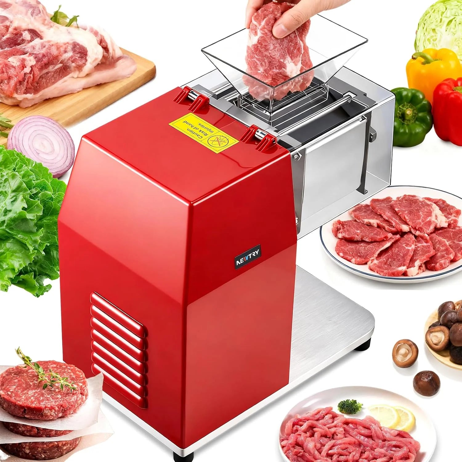 NEWTRY 850W Commerciële vleessnijmachine voor het snijden, snijden en in blokjes snijden van botloos vlees, roestvrijstalen elektrische allessnijder voor restaurants, kantines, slagerijen (2,5 mm)