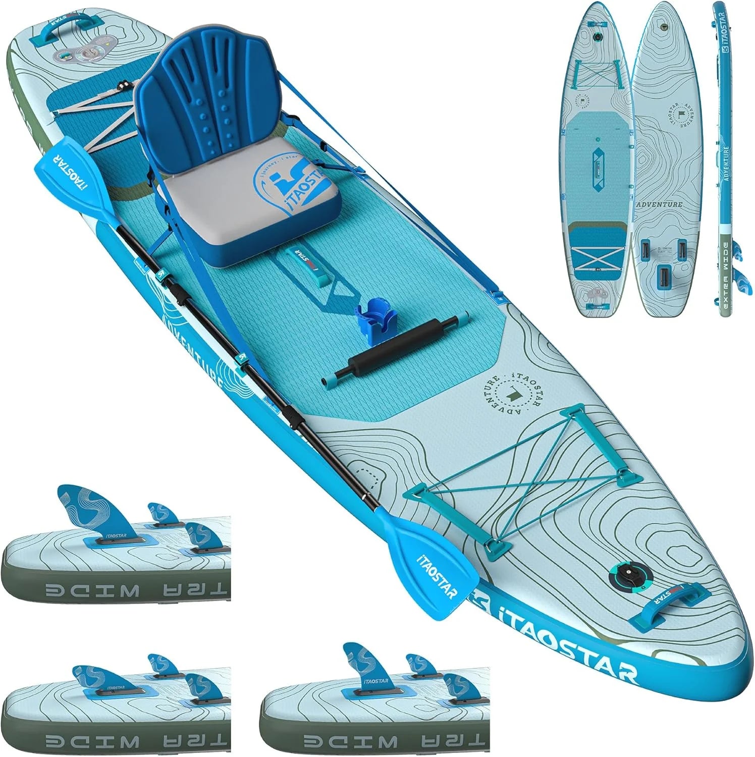 iTAOSTAR Adventure 365 x 88/99 cm extra breed paddleboard met zitting, One-Stop-premium SUP-board-accessoires, op maat gemaakte 5 vinnen, stabiele opblaasbare stand-up paddleboards voor jongeren en(A02FP-Adv Waterblauw met zitting)