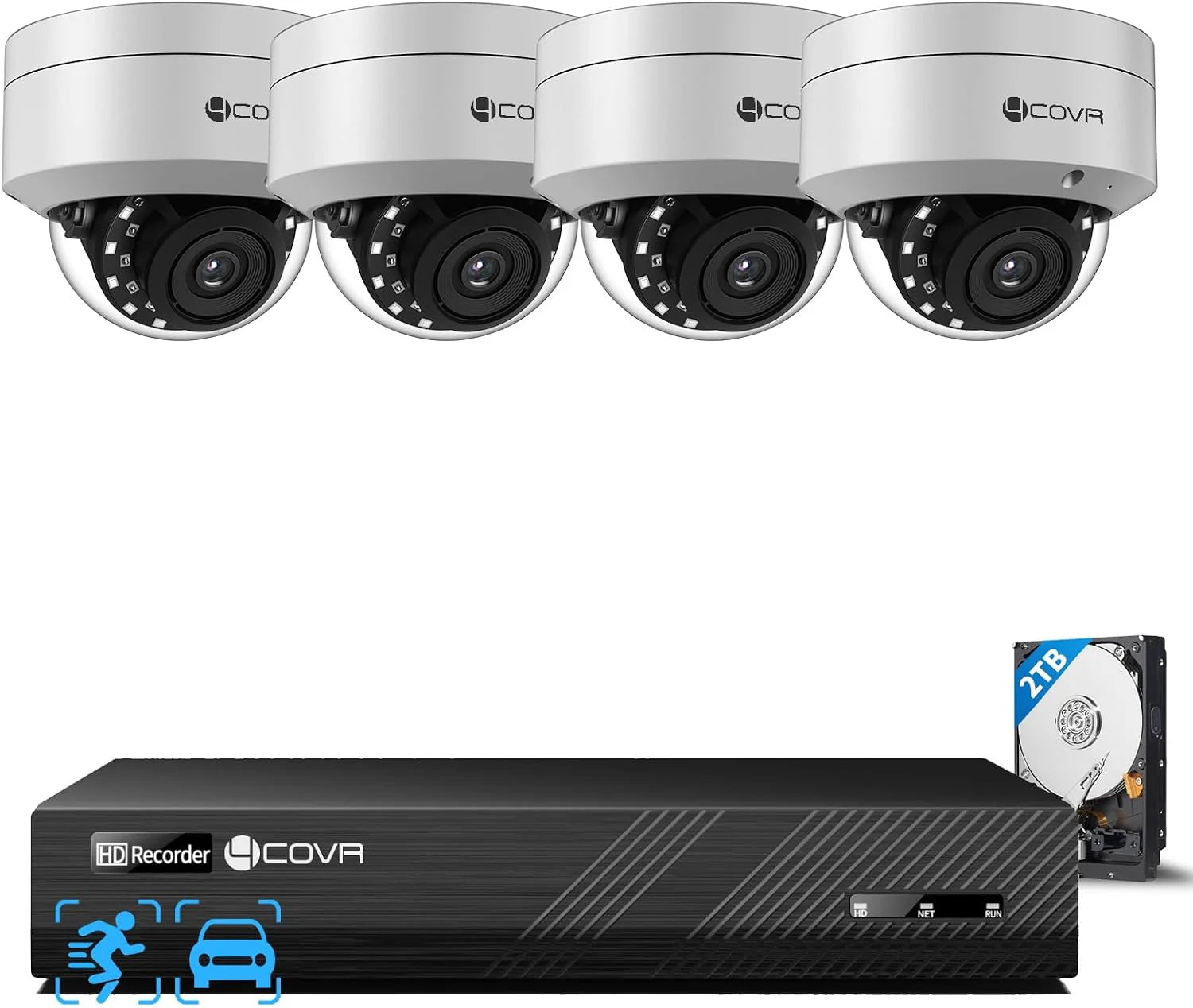 4COVR 12MP Beveiligingscamera Systeem, 4 Stks 12MP IK10 Vandaalbestendige Dome PoE IP Camera met Microfoon, AI Menselijk Voertuig Detectie, 8CH H.265 NVR met 2TB HDD, IP67 Thuis Weerbestendig Buiten(8CH 4Cams)