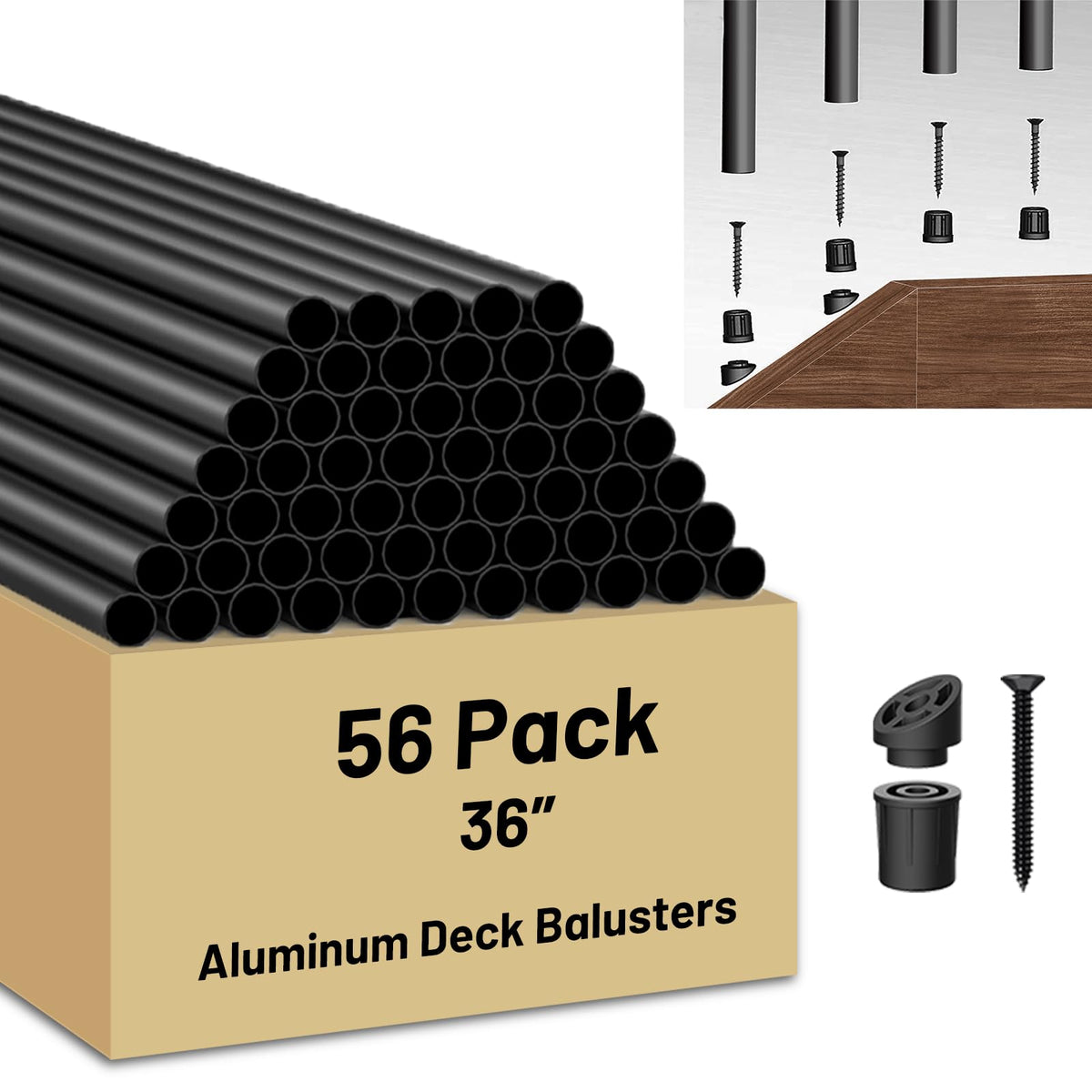 105 Pack 26 inch Aluminum Balusters for Deck Railing,Black Round Metal Spindles for Staircase,3/4" Diameter Hollow Deck Ballasters with Screws and Connectors for Railing Fencing Porch Stair Spindles