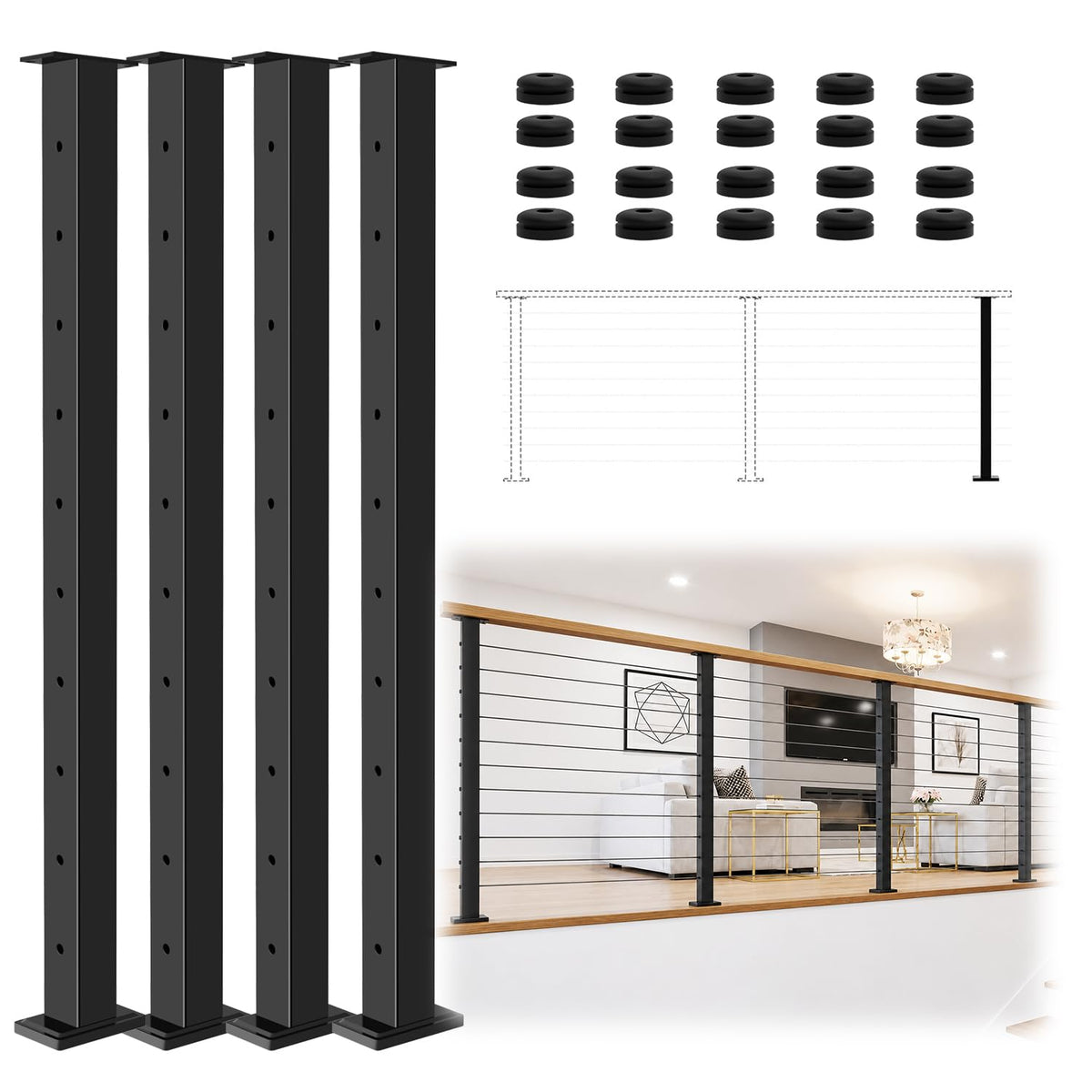 36" Modular 12-16FT Cable Railing Post Kit for Deck Surface Mount