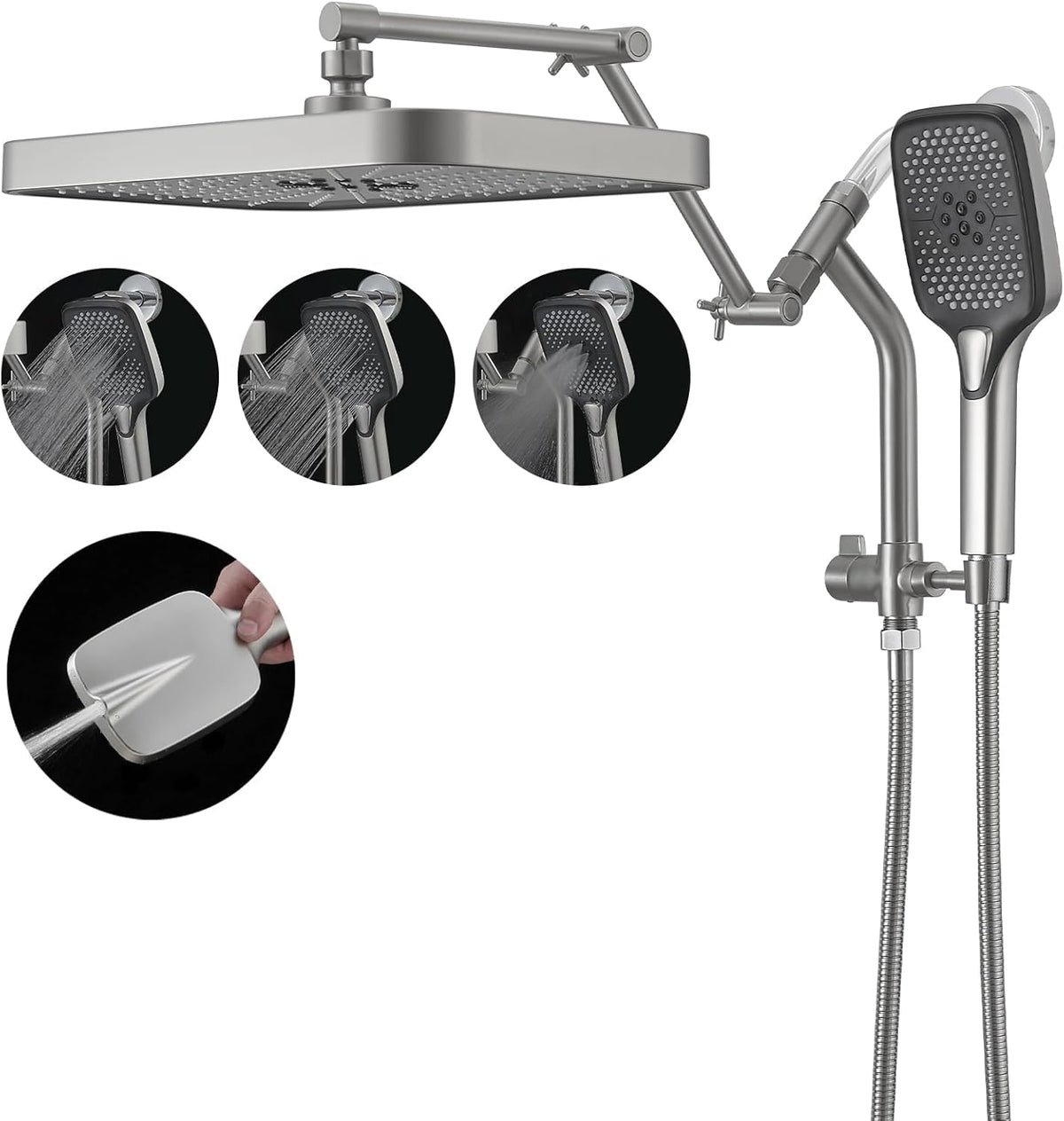 12" High Pressure Shower Head with Handheld, Metal Core Fittings, Chrome