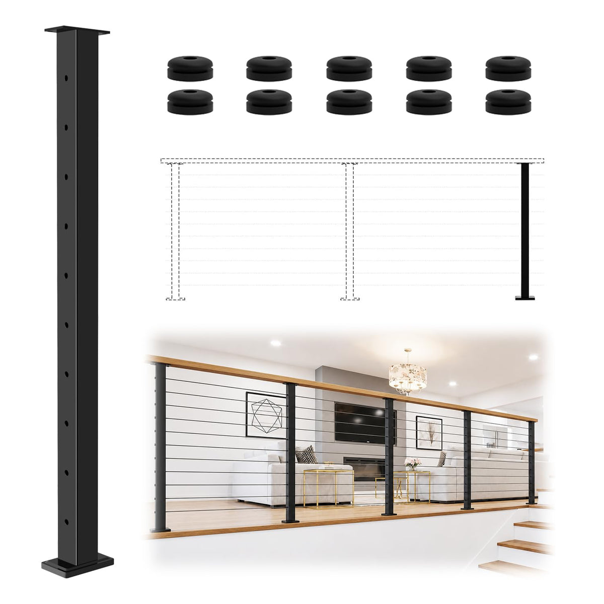 36" Modular 12-16FT Cable Railing Post Kit for Deck Surface Mount