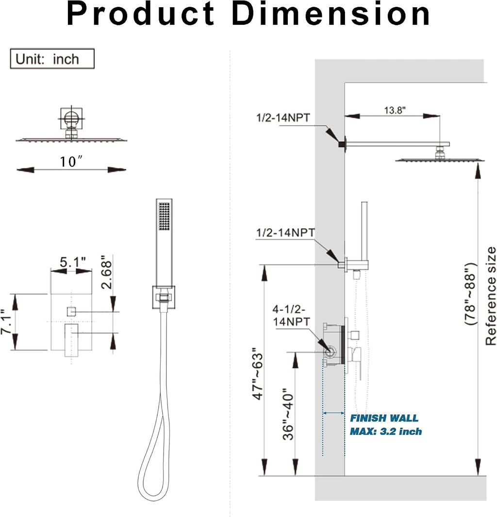 10" Rain Shower System with Handheld & Valve, Matte Black