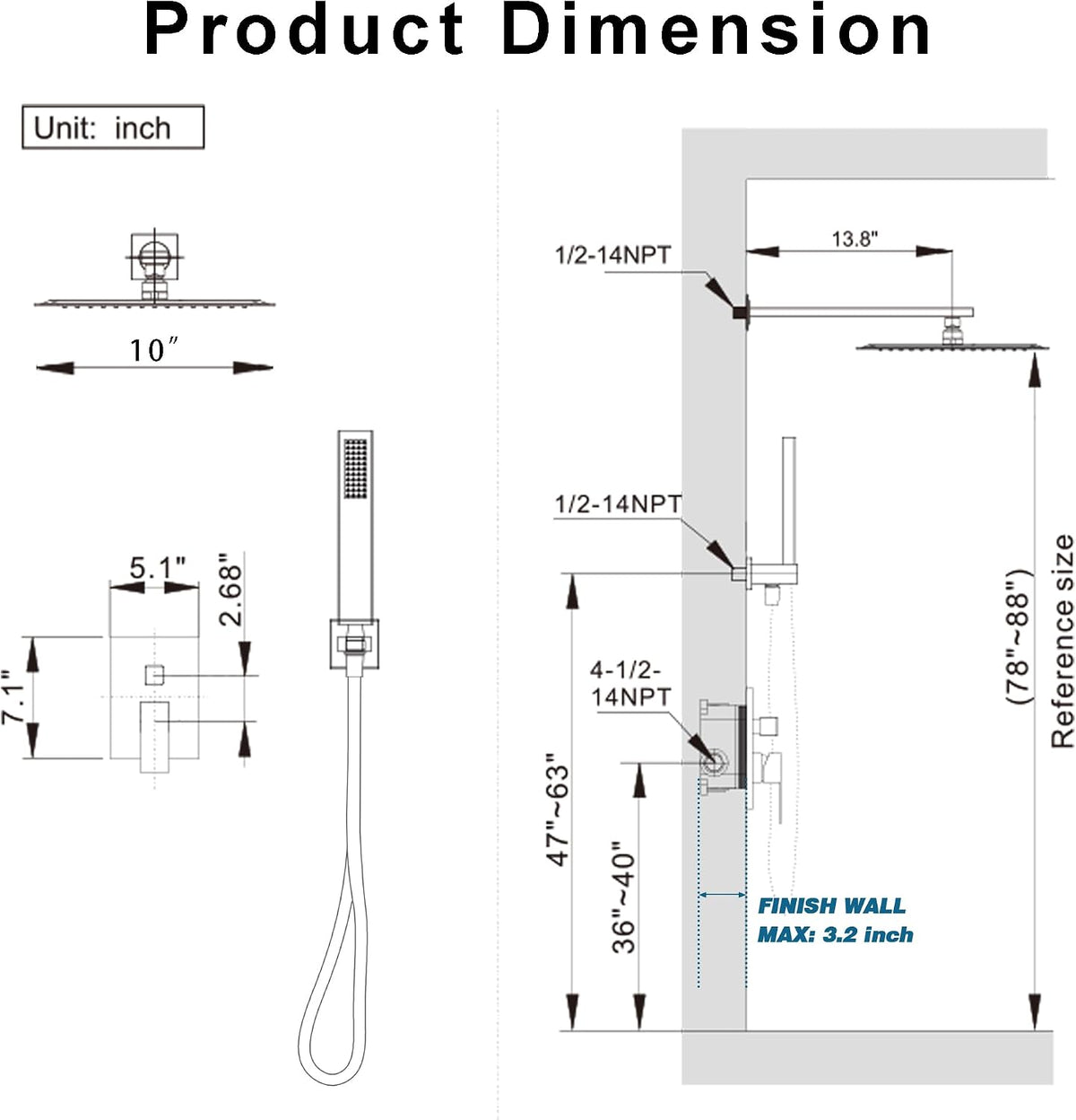 10" Rain Shower System with Handheld & Valve, Matte Black