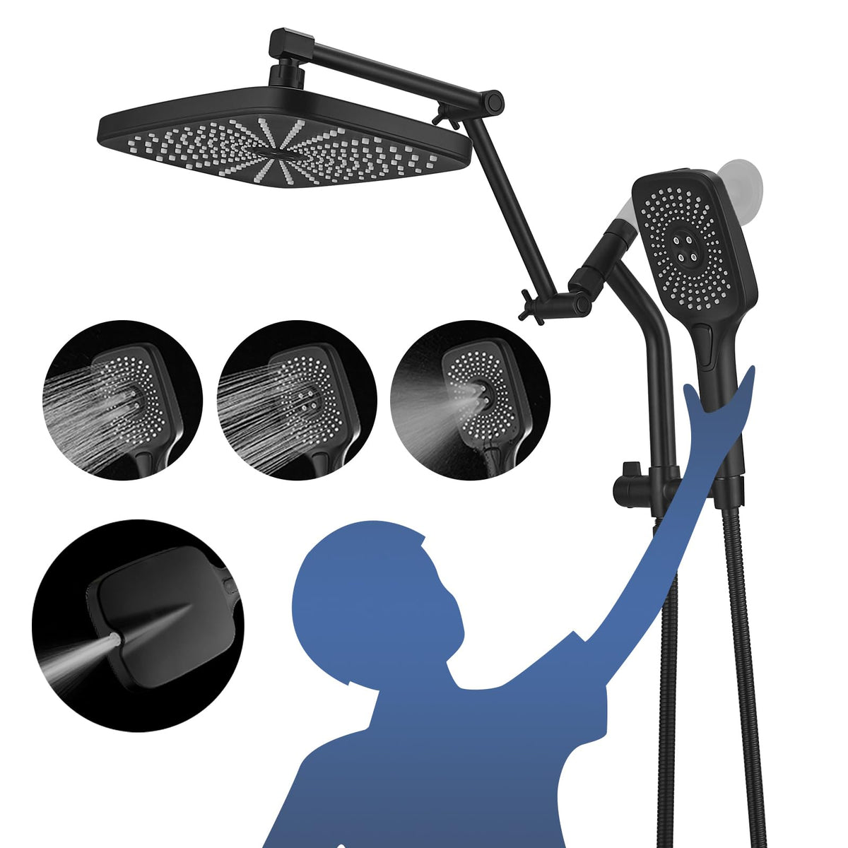 12" High Pressure Shower Head with Handheld, Metal Core Fittings, Chrome