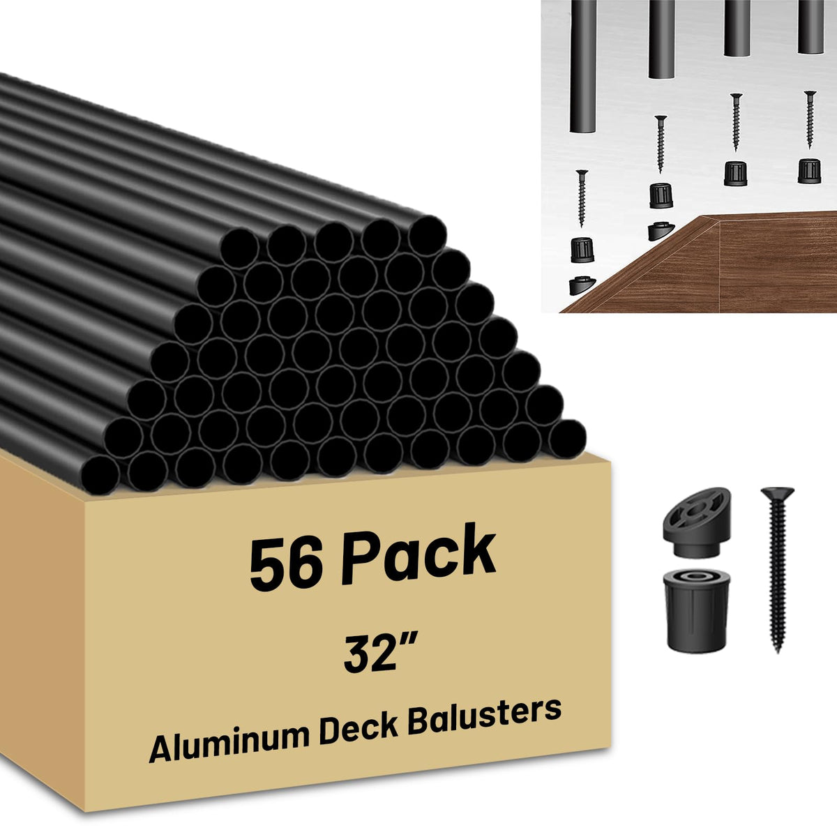 105 Pack 26 inch Aluminum Balusters for Deck Railing,Black Round Metal Spindles for Staircase,3/4" Diameter Hollow Deck Ballasters with Screws and Connectors for Railing Fencing Porch Stair Spindles