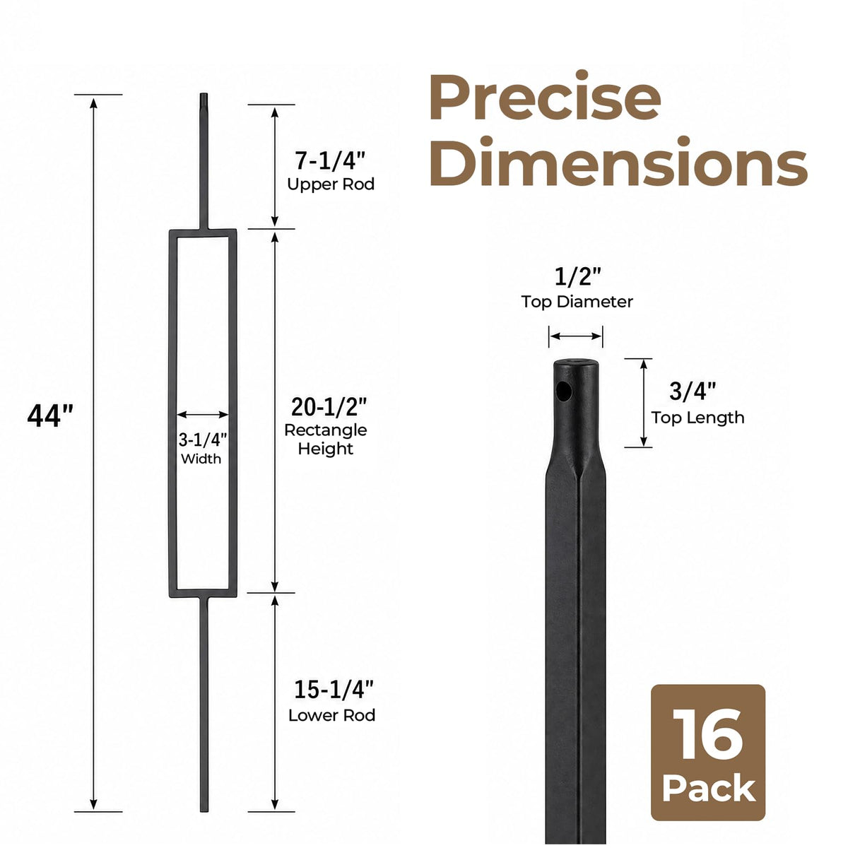 32 Pcs Wrought Iron Balusters for Staircase, 1/2" x 44" Inch Square Metal Stair Balusters for Interior Railing Remodel, Modern Black Straight Hollow Iron Baluster for Handrail Railing System