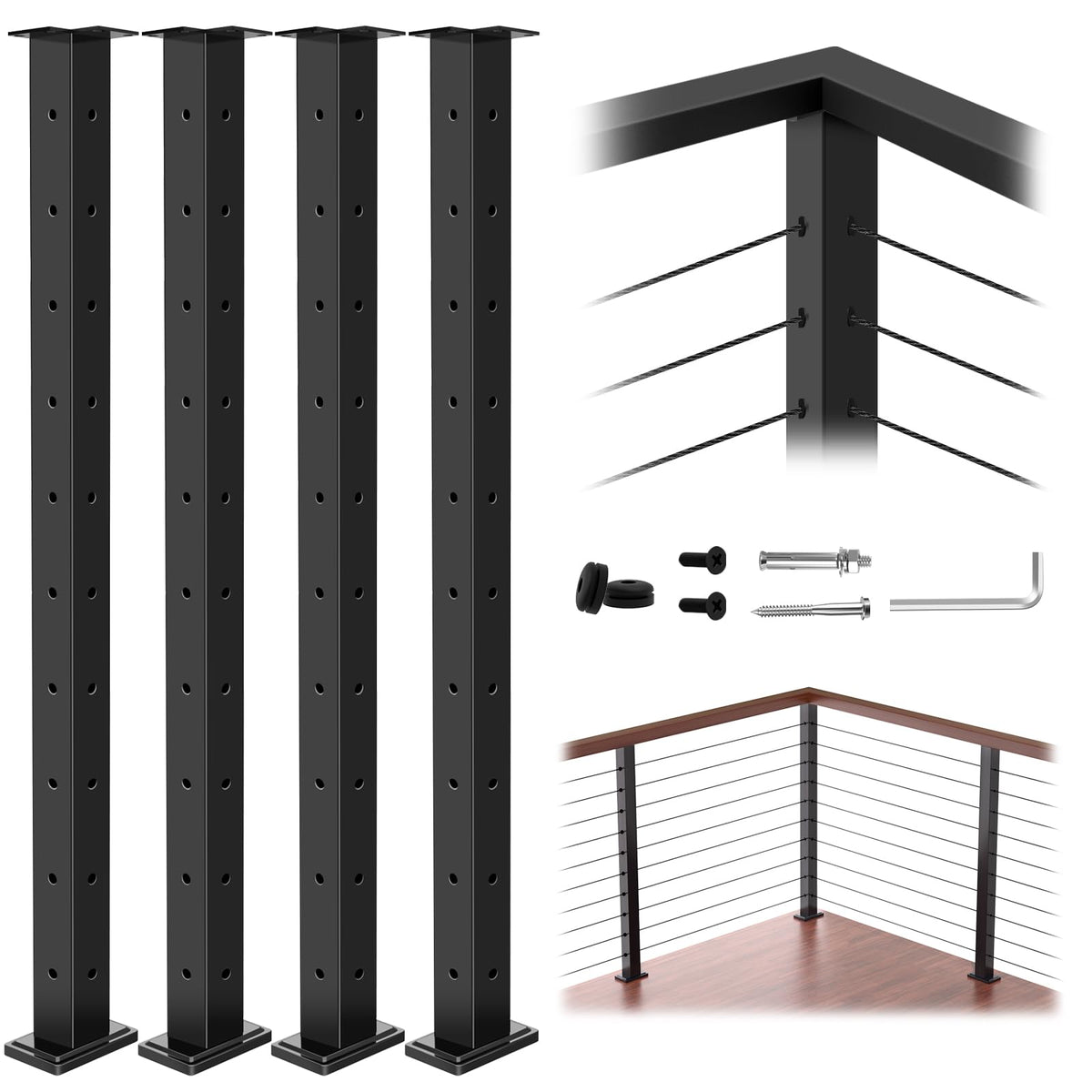 36" Modular 12-16FT Cable Railing Post Kit for Deck Surface Mount
