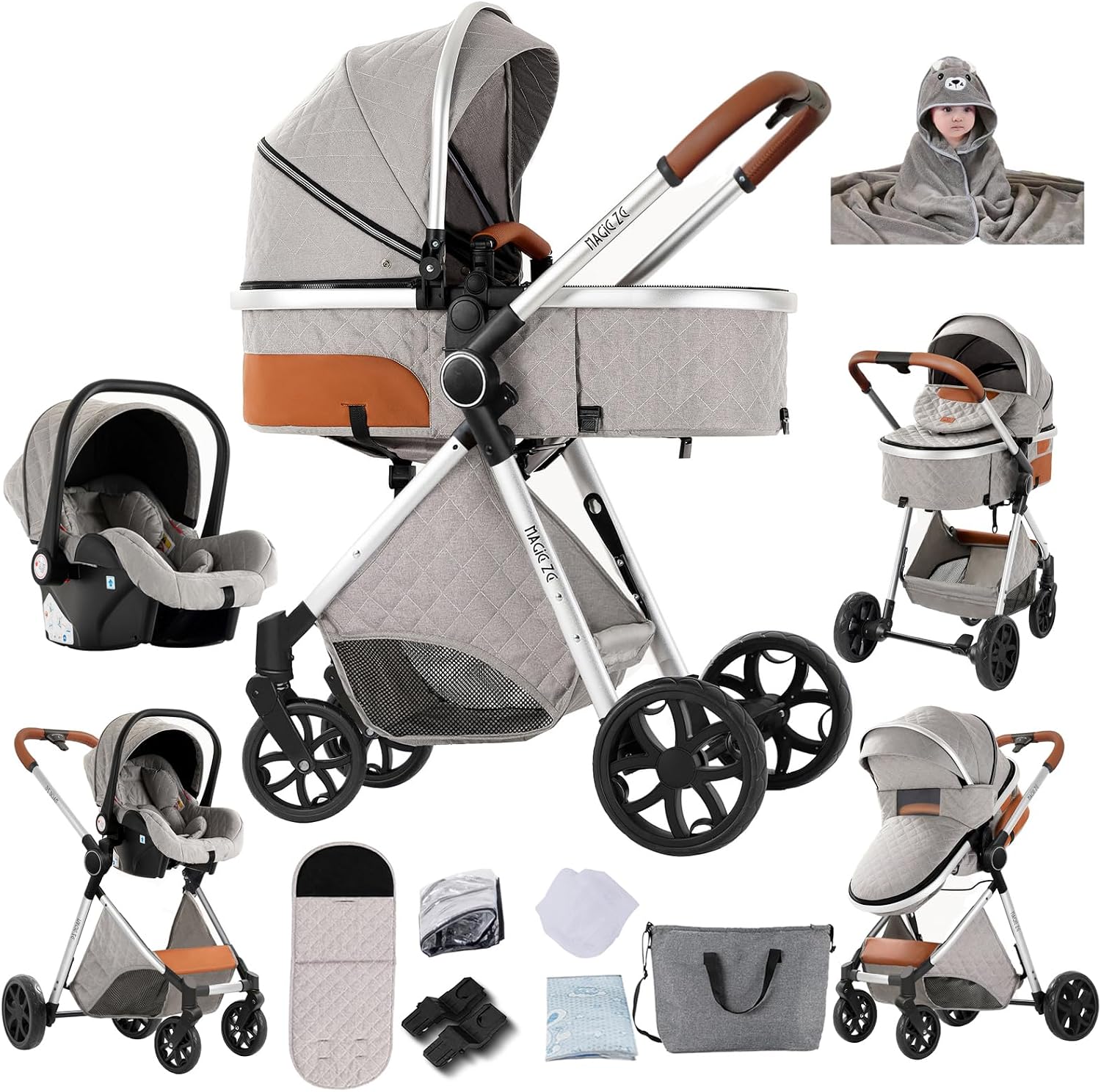 3-in-1 reissysteem van PU-leer, kinderwagen voor peuters, met 360° draaibare zitting, kinderwagen 3-in-1, kinderwagen met één klik inklapbaar, pasgeboren buggy met aluminium frame (906(3-in-1 V9 lichtgrijs/3-in-1-V9-model)