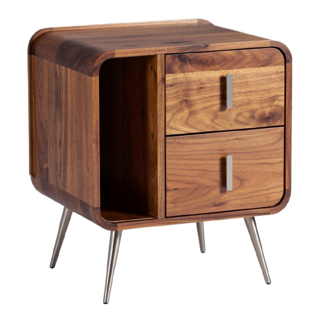 **Moderne Houten Nachtkastje met 2 Lades en Stalen Poten**