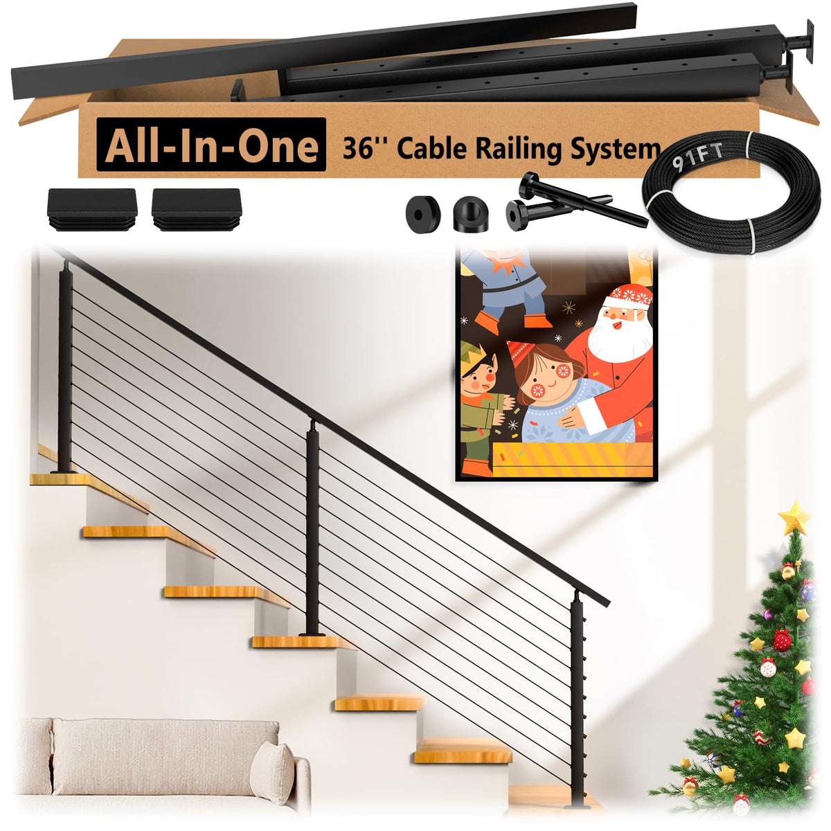 2ft-4ft Modular 36in Cable Railing System for Deck with Handrail