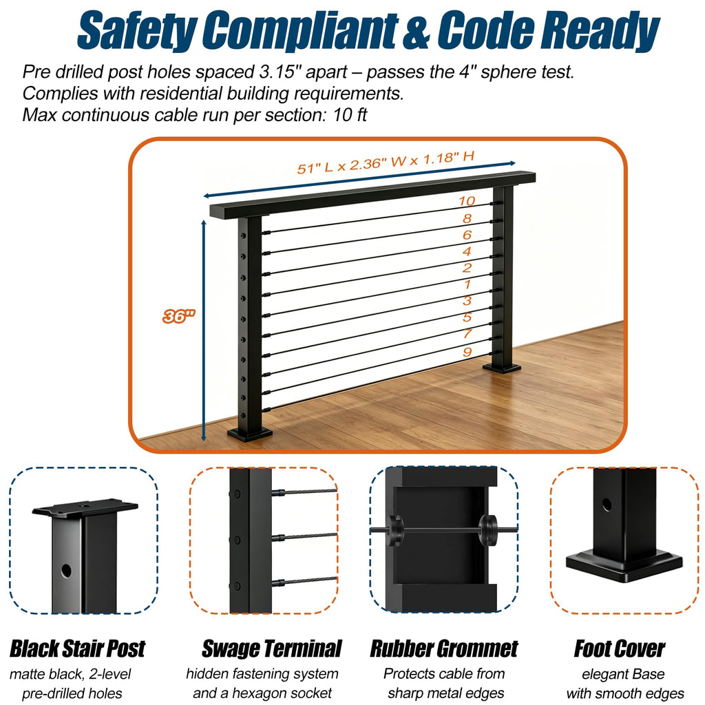 12FT-20FT Cable Railing System Post Kit with Handrail - 4PC 36" Level Posts