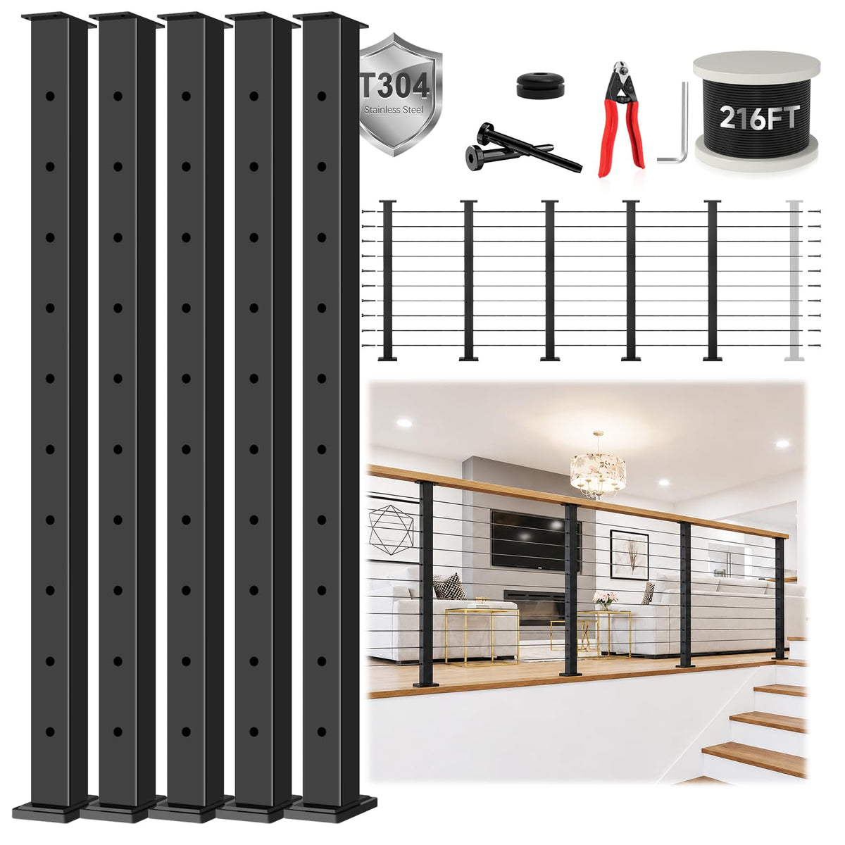 36" Modular 12-16FT Cable Railing Post Kit for Deck Surface Mount