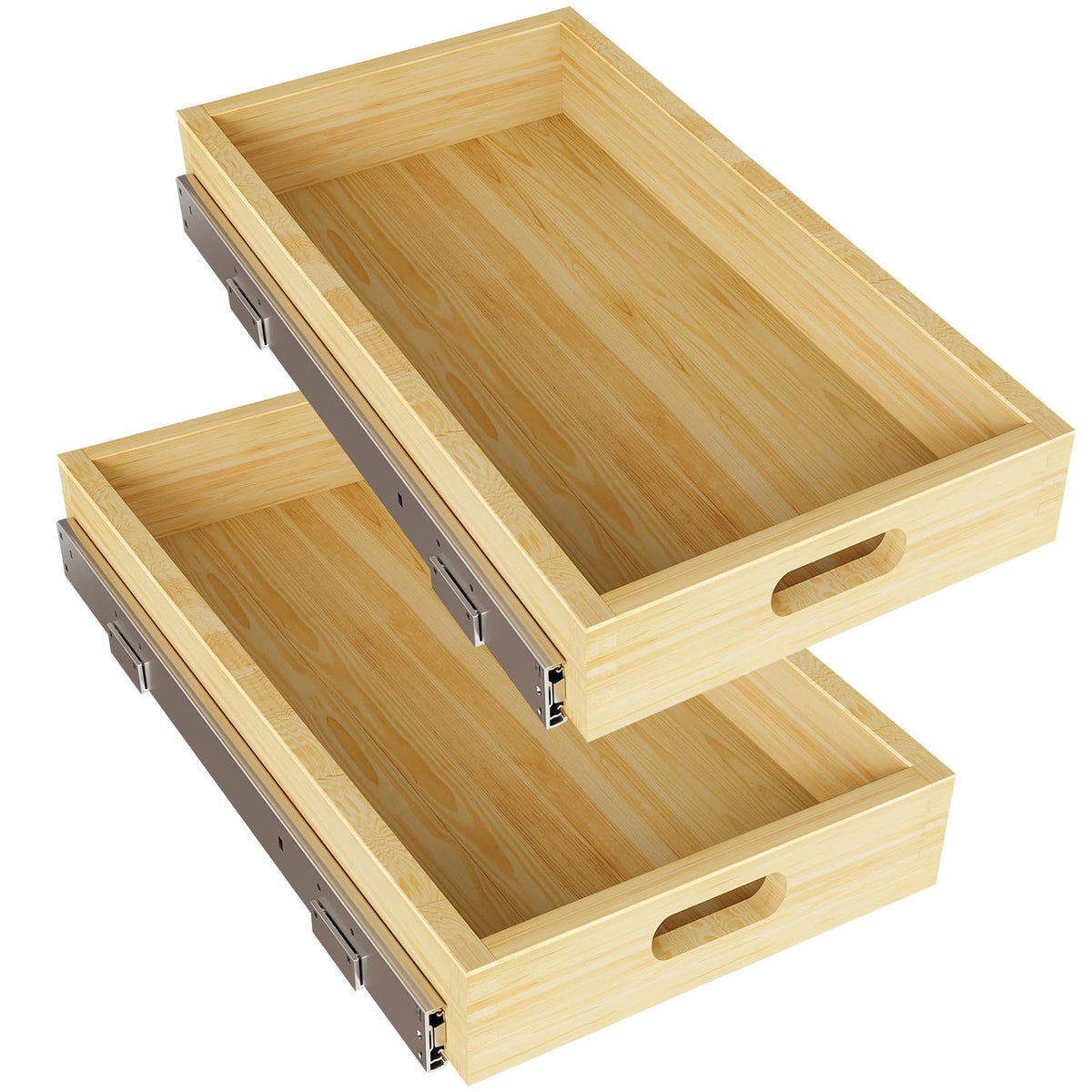 2 Set Pull Out Cabinet Organizer, Soft Close Slide Out Wood Drawer Storage Shelves for Kitchen, Base Cabinet Organization for Pantry, Finished, Heavy-Duty, Bottom Assembly (18â W x 21â D)