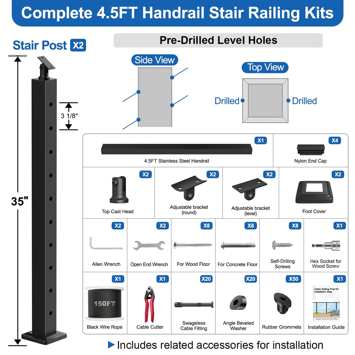 12ft-16ft Complete Set 36" Cable Railing Post with Handrail, 4 Pack Surface Mount Flact Top Level-Drilled Posts, 250ft 1/8" Wire Rope, Swageless Black Cable Railing System Kit, MY20-LP