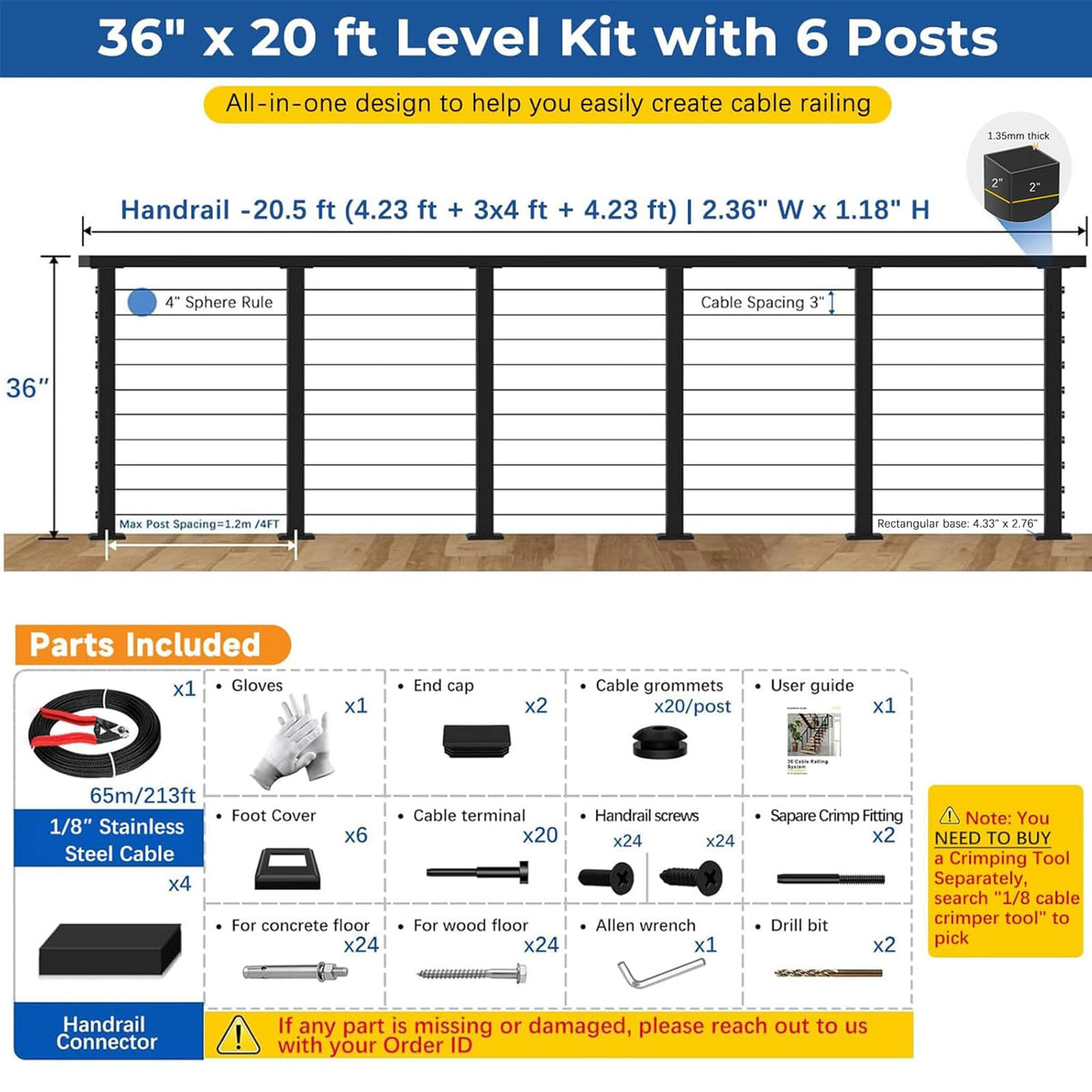 2ft-4ft Modular 36in Cable Railing System for Deck with Handrail