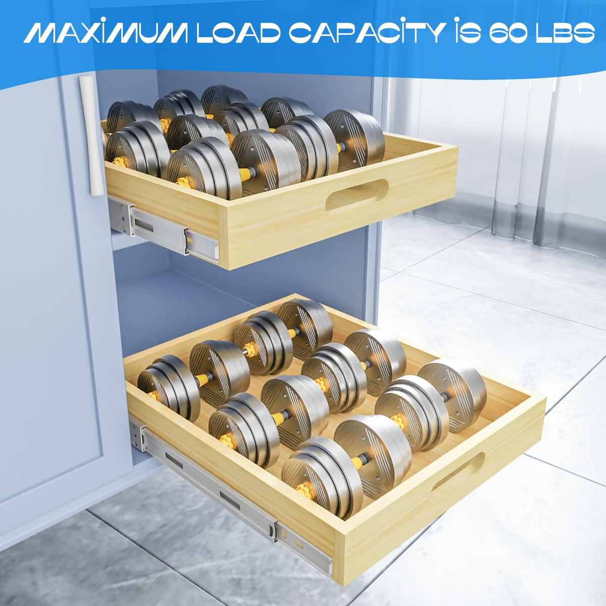 2 Set Pull Out Cabinet Organizer, Soft Close Slide Out Wood Drawer Storage Shelves for Kitchen, Base Cabinet Organization for Pantry, Finished, Heavy-Duty, Bottom Assembly (18â W x 21â D)