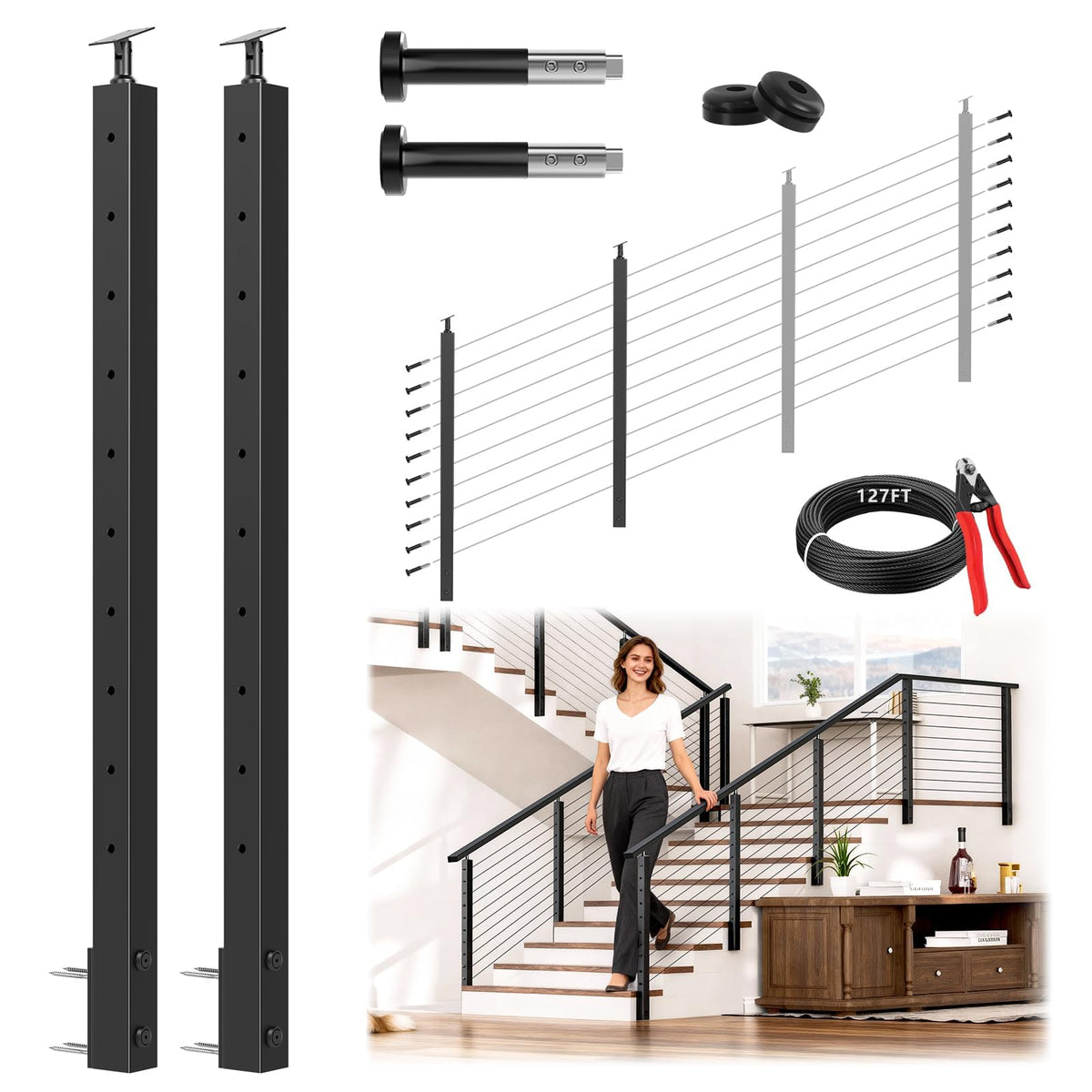 36" All Black Side Mount Stair Cable Railing Post Kits, 3 Pack Space-Saving Fascia Mount Stair Railing System Includes Side Mount Posts, 167FT Cable, 20 Swageless Patent Tensioner (No Handrail)