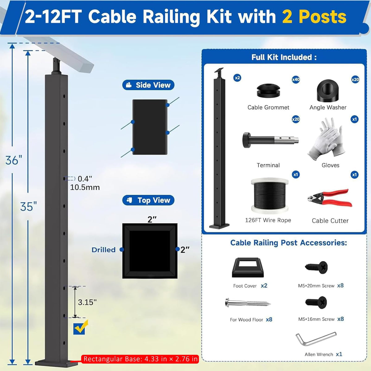 4 Pack 36" Modular Swageless Cable Railing Level Post for Decks