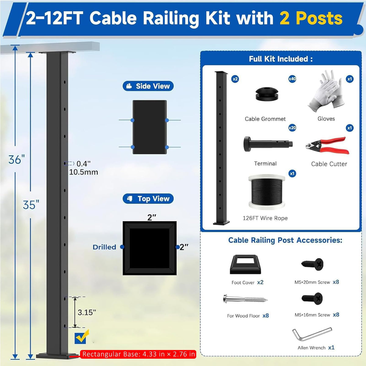 4 Pack 36" Modular Swageless Cable Railing Level Post for Decks