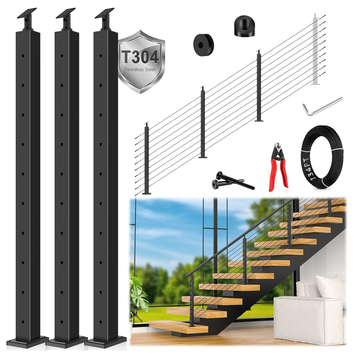 36" Modular 12-16FT Cable Railing Post Kit for Deck Surface Mount