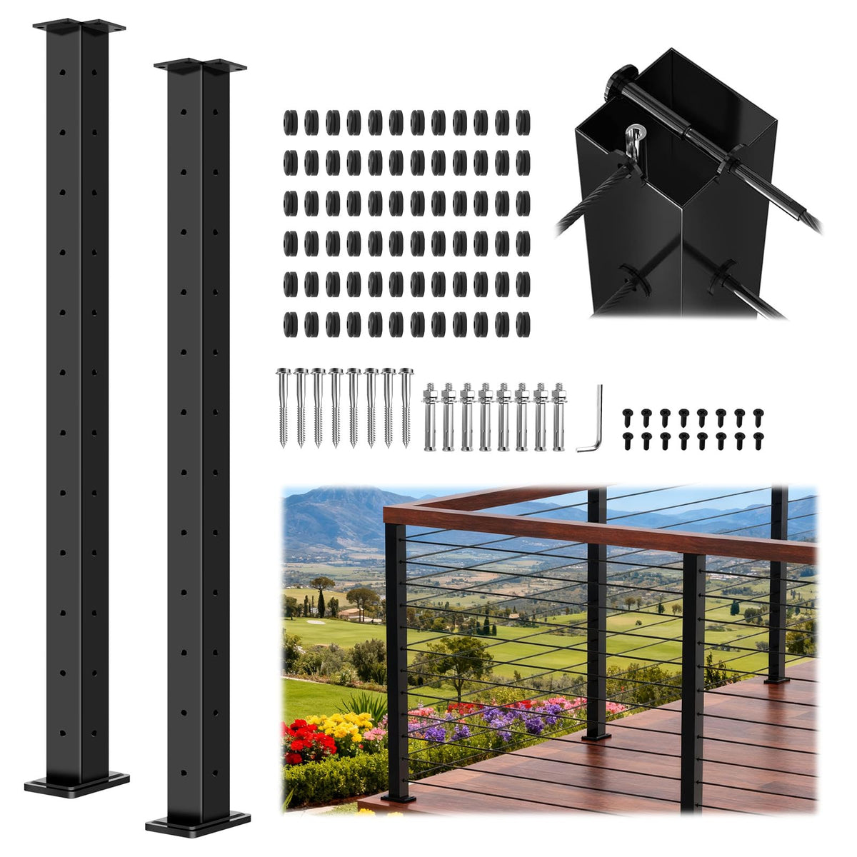 42" Modular 20-24FT Cable Railing Post Kit for Deck, Surface-Mount