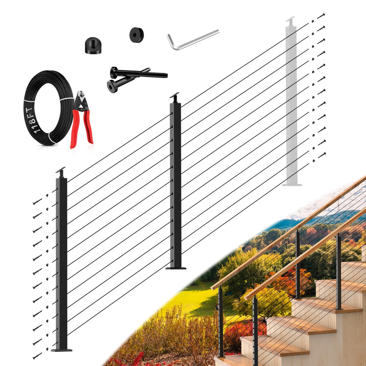 42" Modular 20-24FT Cable Railing Post Kit for Deck, Surface-Mount