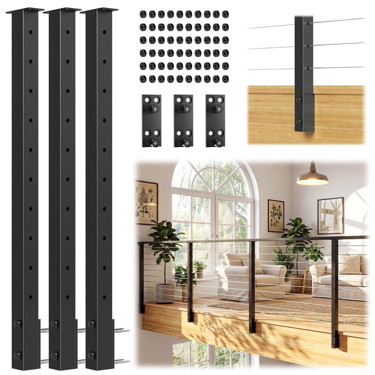 36" All Black Side Mount Stair Cable Railing Post Kits, 3 Pack Space-Saving Fascia Mount Stair Railing System Includes Side Mount Posts, 167FT Cable, 20 Swageless Patent Tensioner (No Handrail)